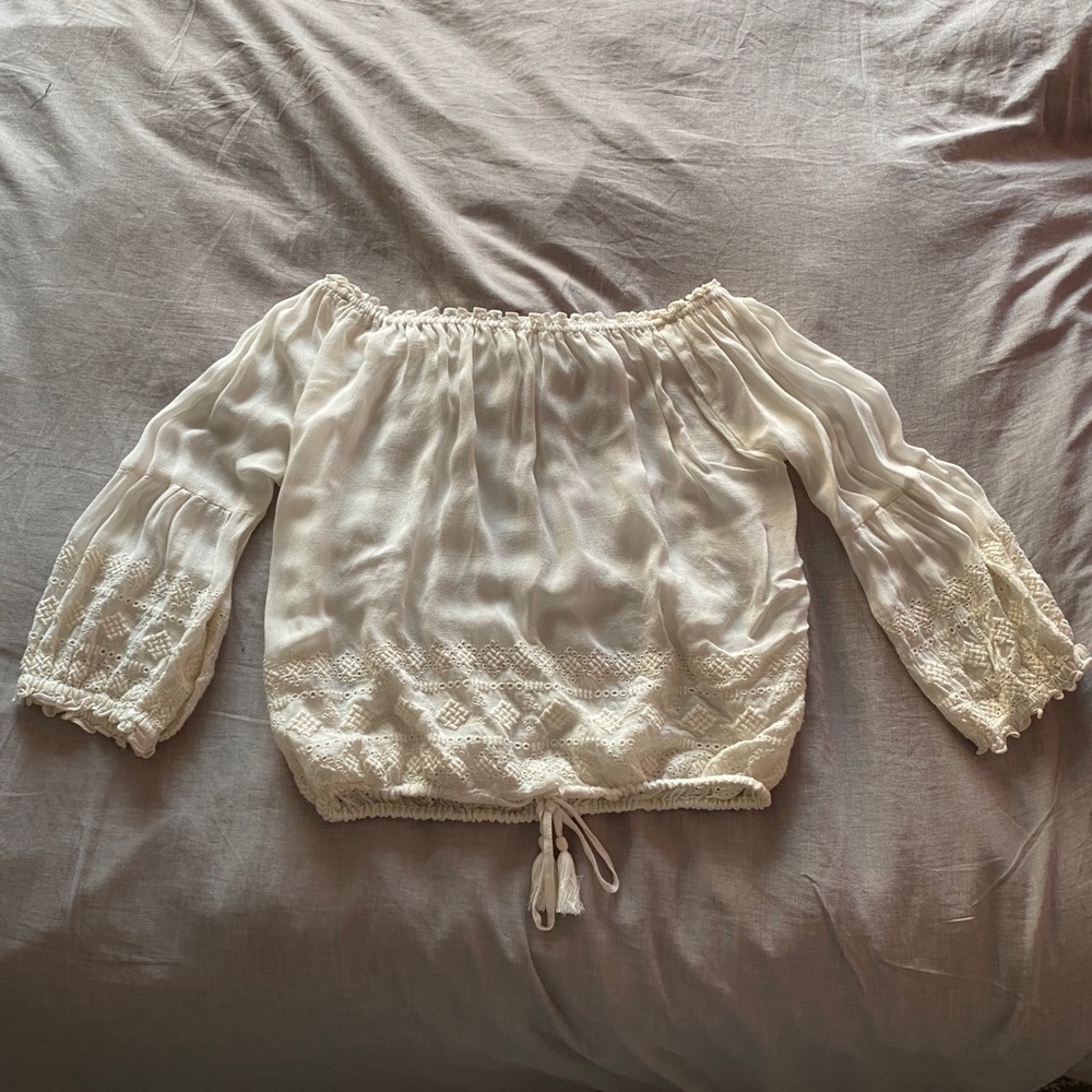 white, sheer, off the shoulder shirt